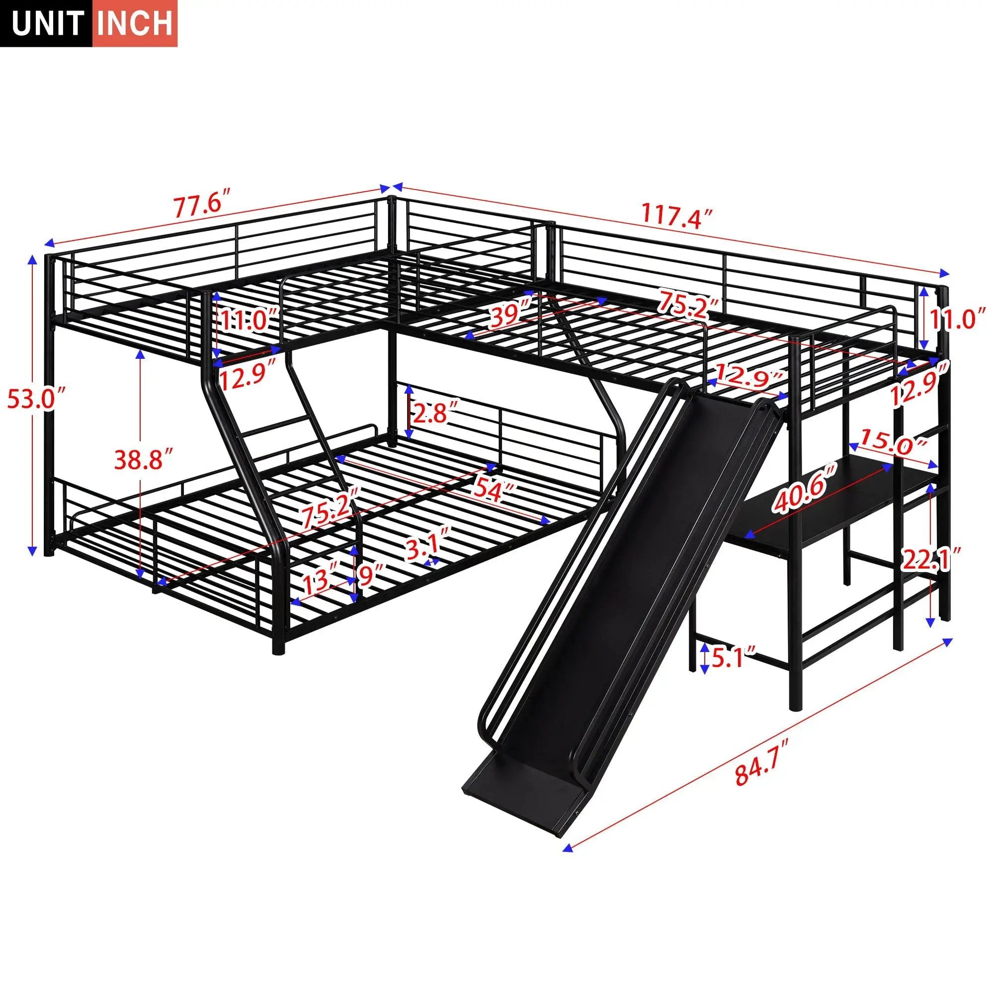 L-Shaped Twin Over Full Bunk Bed With Twin Loft, Built In Desk And Slide - Black by HouseOfZazla