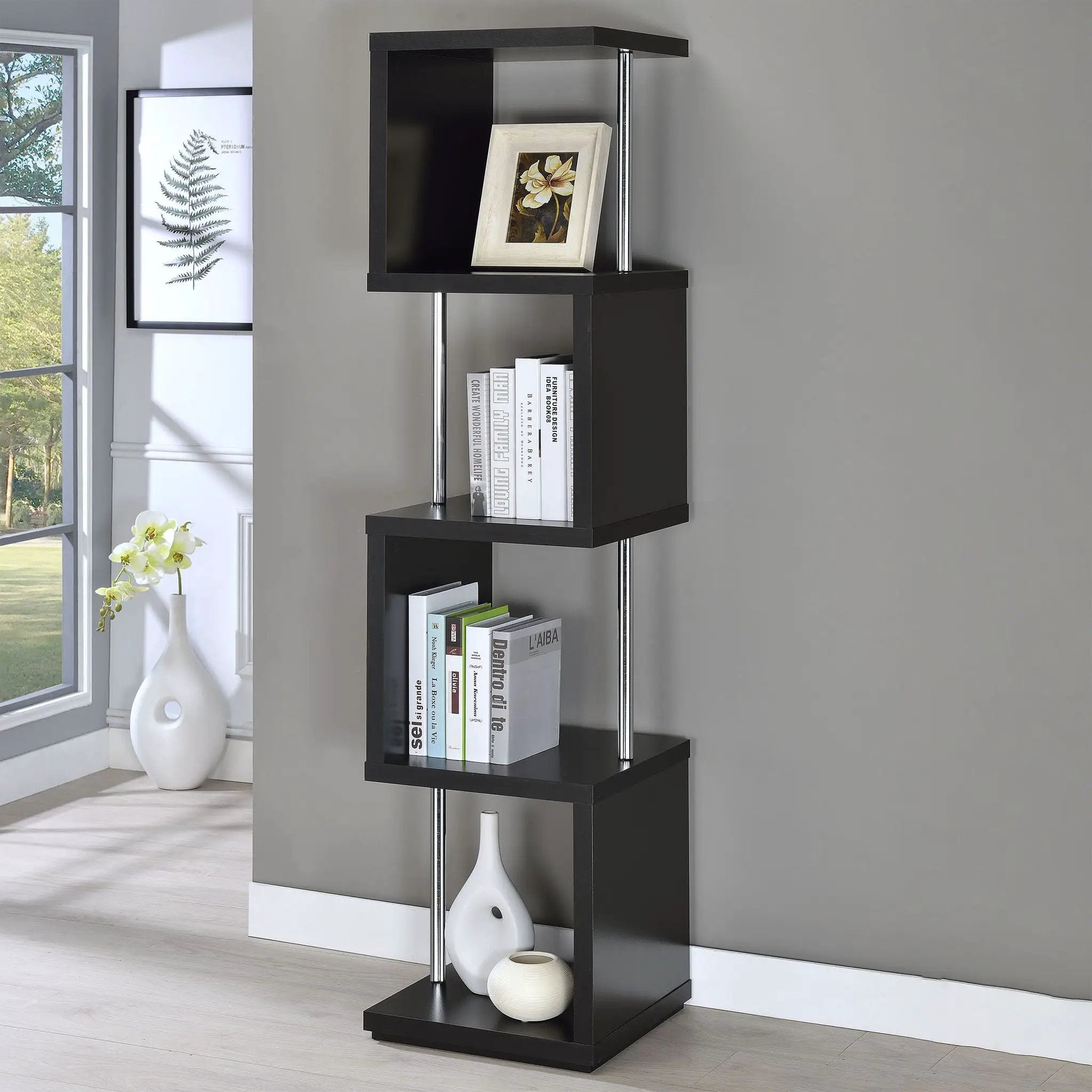 Baxter 67-inch 4-shelf Bookshelf Black and Chrome by Unique Piece Furniture