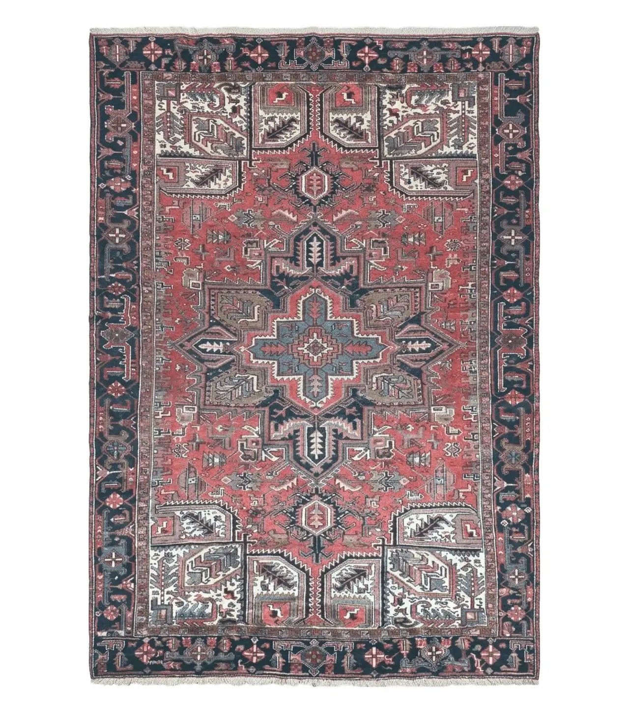 Persian Heriz Rug 8x12 Semi Antique Heriz Carpet, Room Sized Persian Carpet, Geometric Medallion, Wool, Hand Knotted, Red Ivory Dark Blue by Jewel Rugs