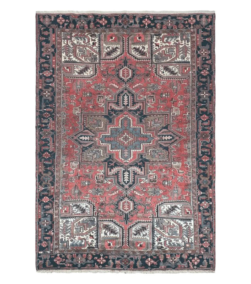 Persian Heriz Rug 8x12 Semi Antique Heriz Carpet, Room Sized Persian Carpet, Geometric Medallion, Wool, Hand Knotted, Red Ivory Dark Blue by Jewel Rugs