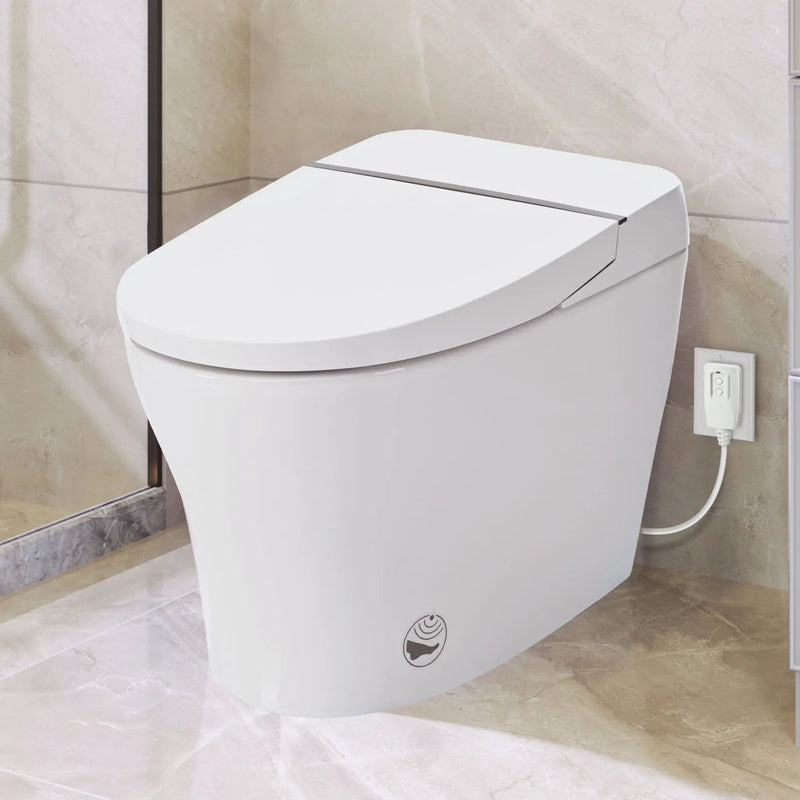 Heated Seat Smart Toilet Without Bidet, Upmarket Compact Dual Flush Toilet 1 / 1.28 Gpf, Tank Less Toilet With Adjustable Temp Heated Seat, Foot Sensor Flush - White Night Light, Knob Control, Power Out by HouseOfZazla