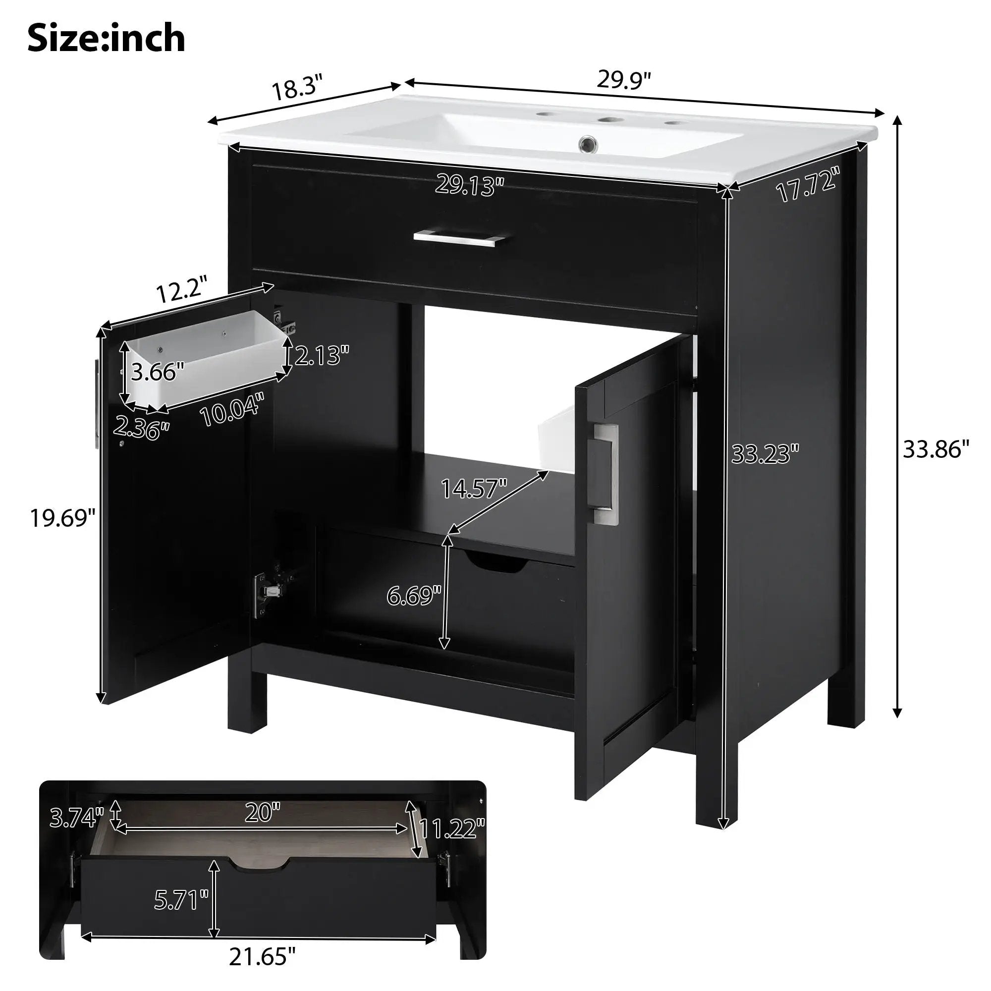 Bathroom Vanity With Sink And Ample Storage, Rectangular Undermount Sink - Black by Unique Piece Furniture