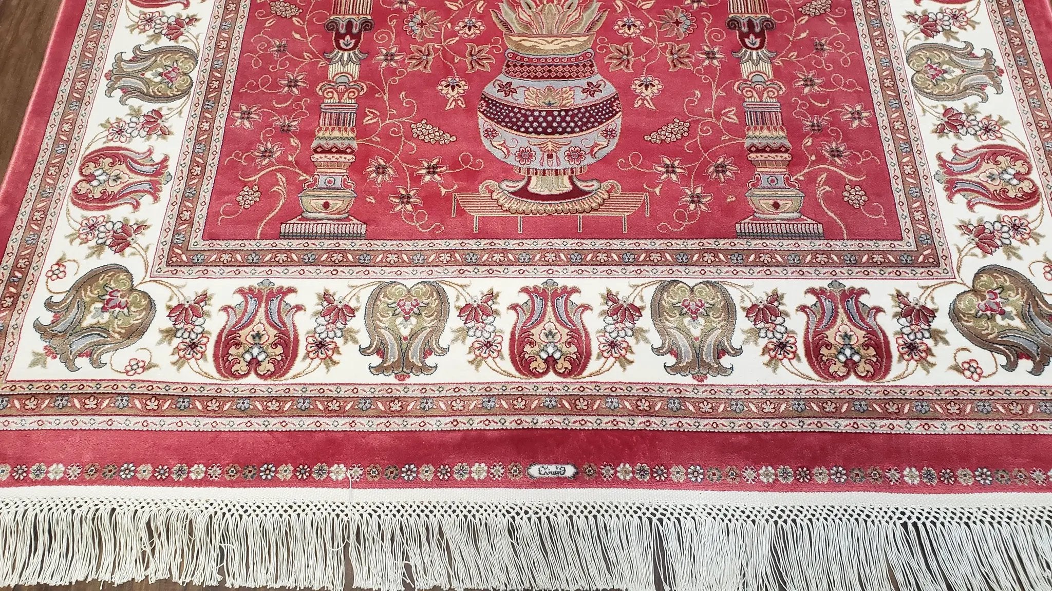 4 x 6 Silk Carpet Red, Traditional Oriental Rug 4x6, Flower Vase Columns, Turkish Rug New, High Quality, Bamboo Silk, Area Rug by Jewel Rugs
