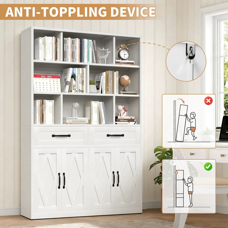 Bookcase Tall With 2 Doors & 2 Drawers, Fixed Open Shelves - White by HouseOfZazla