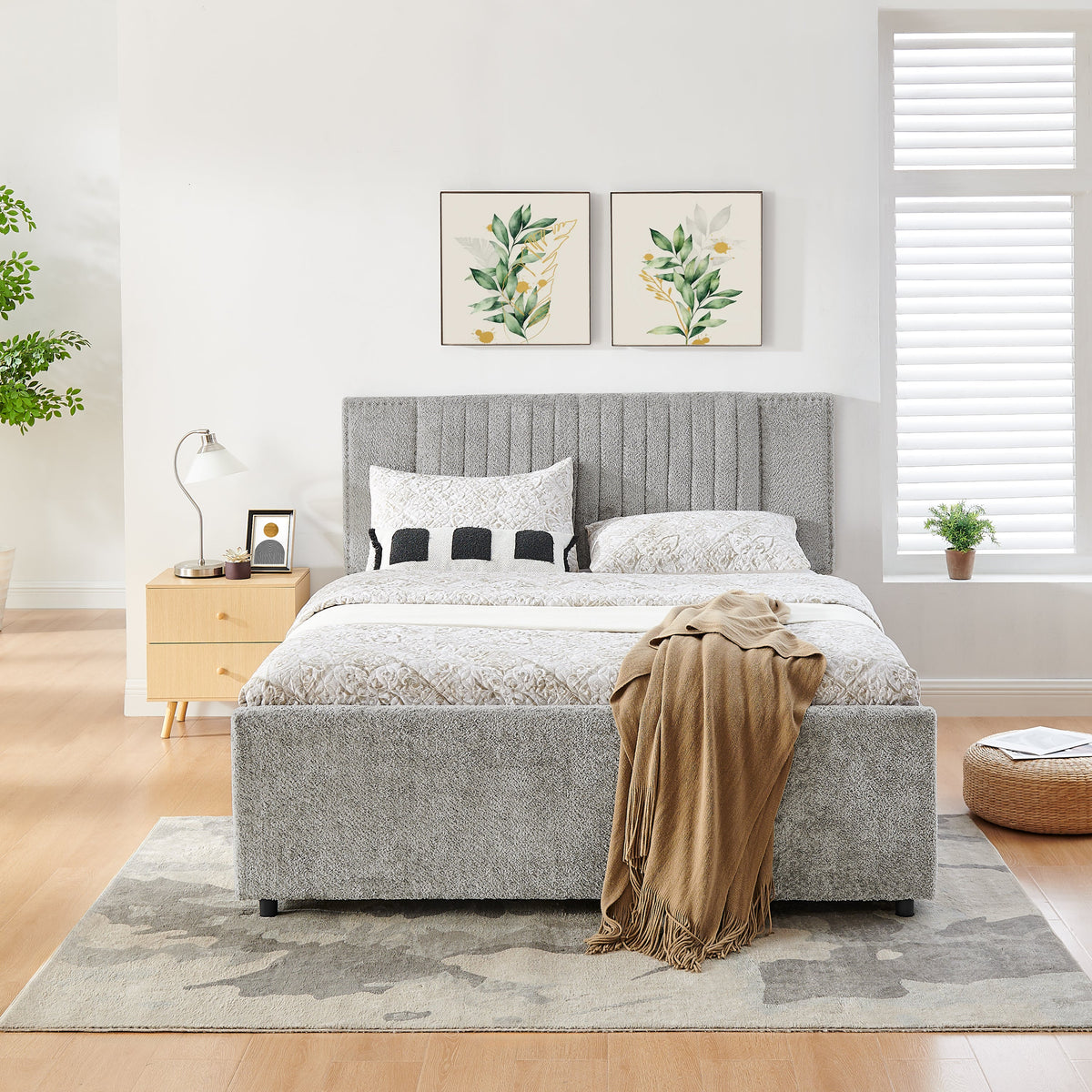 Queen Size Vertical Channel Tufted Headboard & Nailhead Trim Space Saving Upholstered Bed, Multi-functional Design with 2 Storage Drawers and Pull-out Trundle Bed, Chenille, photo 4 of 10