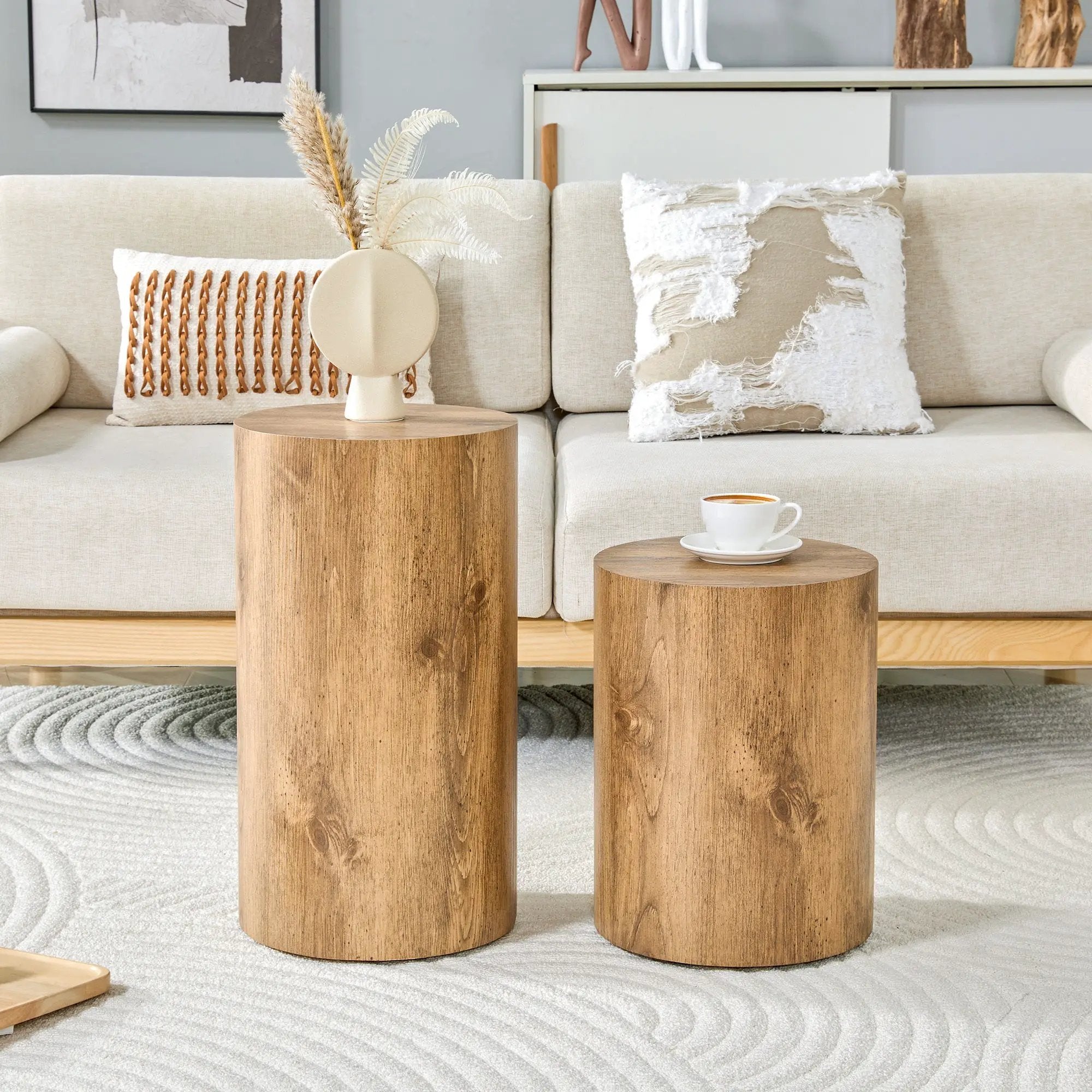 Modern Minimalist Set of Two Wood color Cylinder Coffee Tables by BLAKHOM
