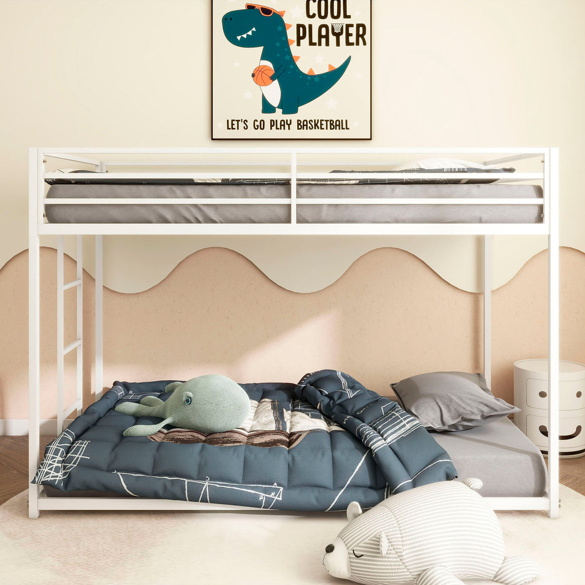 White Metal Bunk Bed with Reinforced Guardrails - Twin over Twin or Twin over Full, photo 14 of 14