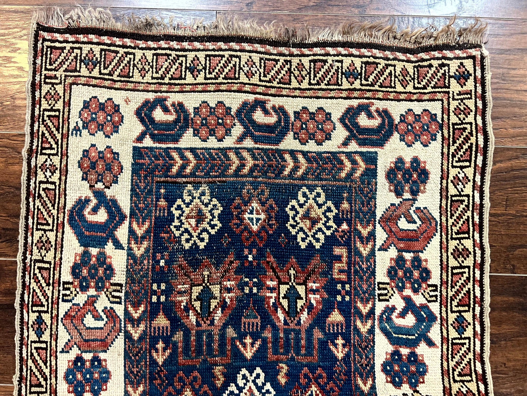 Antique Caucasian Kazak Rug 2.5 x 4, Navy Blue and Ivory, Hand Knotted Handmade Wool Rug by Jewel Rugs