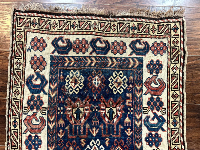 Antique Caucasian Kazak Rug 2.5 x 4, Navy Blue and Ivory, Hand Knotted Handmade Wool Rug by Jewel Rugs
