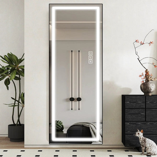 Led Mirror Full Length Mirror With Lights Wide Standing Tall Full Size Mirror For Bedroom Giant Full Body Mirror Large Floor Mirror With Lights Stand Up Dressing Big Lighted Mirror - Black
