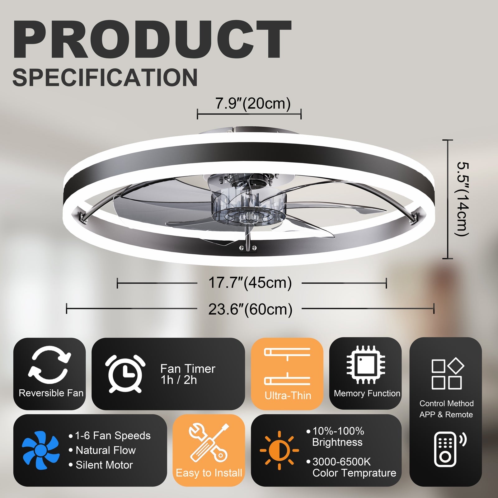 Smart Ceiling Fan with LED Light, 7 Blades Modern Metal Design by HouseOfZazla