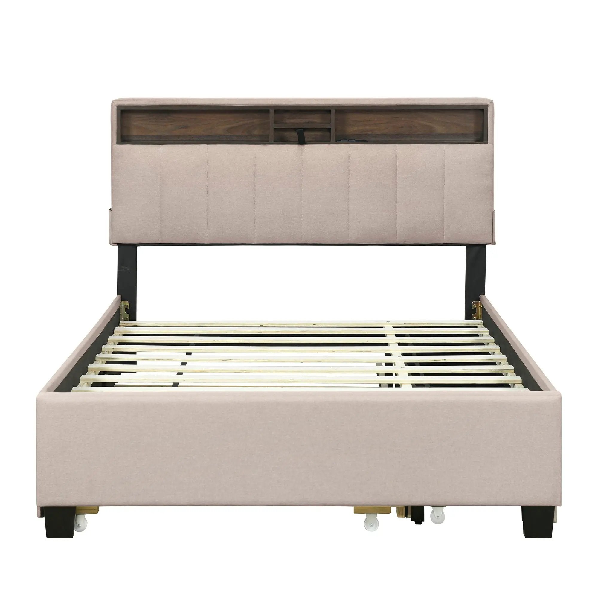 Upholstered Platform Bed With Storage Headboard, Trundle & 2 Drawers And A Set Of Sockets & USB Ports by HouseOfZazla