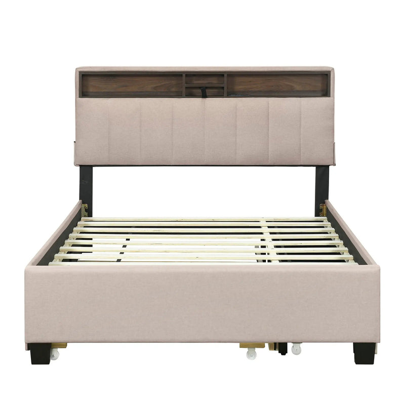 Upholstered Platform Bed With Storage Headboard, Trundle & 2 Drawers And A Set Of Sockets & USB Ports by HouseOfZazla