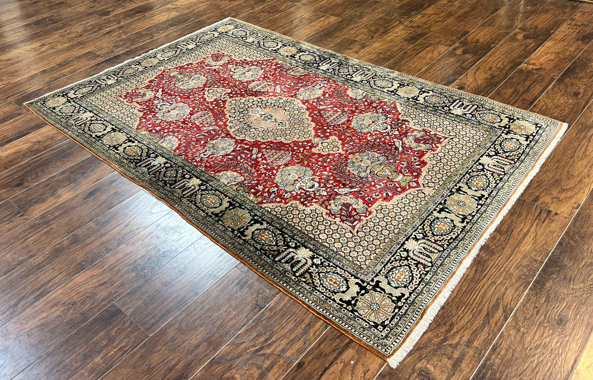 Wonderful Persian Silk Rug 5x7, Birds Floral Vases, Red, Hand Knotted Silk Fine Oriental Carpet, Handmade Vintage, Persian Qum Rug, 400 KPSI by Jewel Rugs