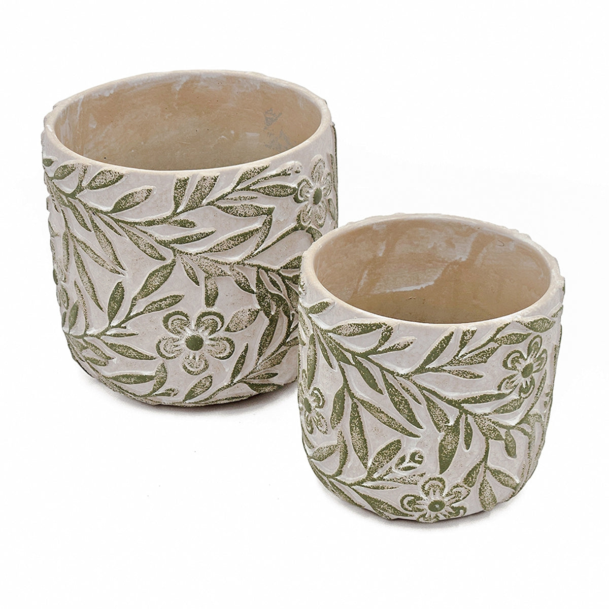 Set of 2 Garden Pots & Planters with Etched Floral Motif - Green & Gray, photo 3 of 10