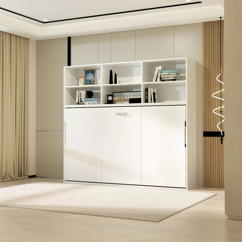 Mordern Design Twin Size Horizontal Murphy Bed With Shelf Storage For Bedroom Or Guestroom Wall Bed Space Saving Hidden Bed With New Style Gas Struts - White by HouseOfZazla