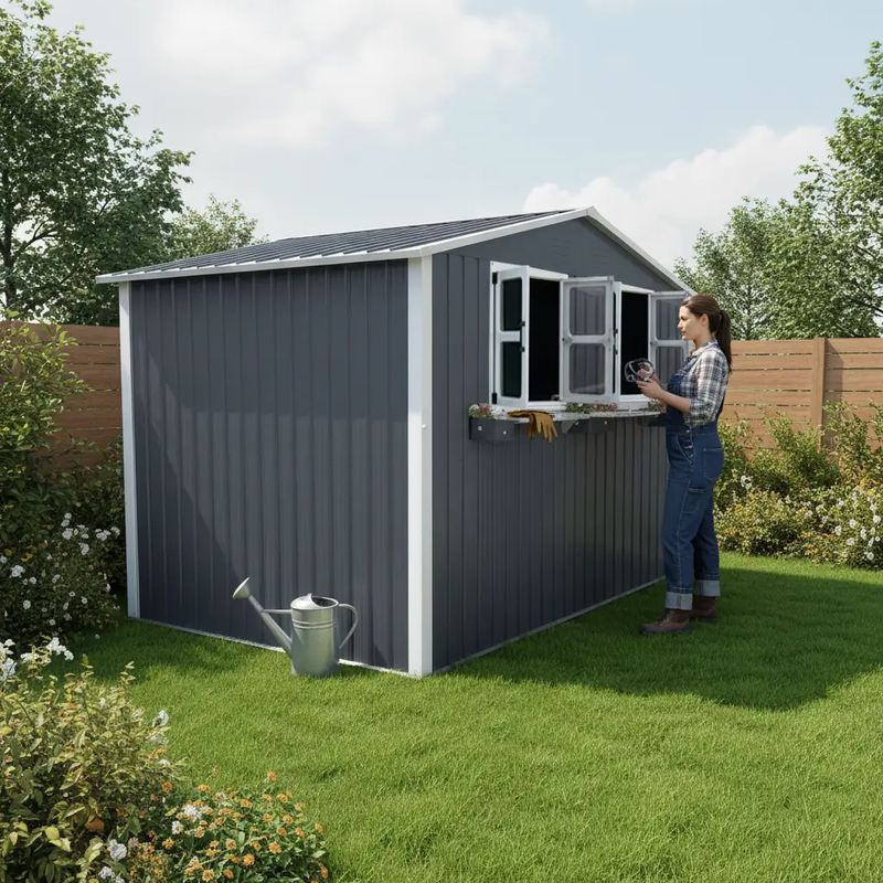 6x9 FT Outdoor Metal Storage Shed with Window & Flower Rack by HouseOfZazla