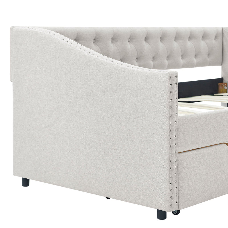Upholstered Tufted Daybed With 2 Drawers, Waved Arms