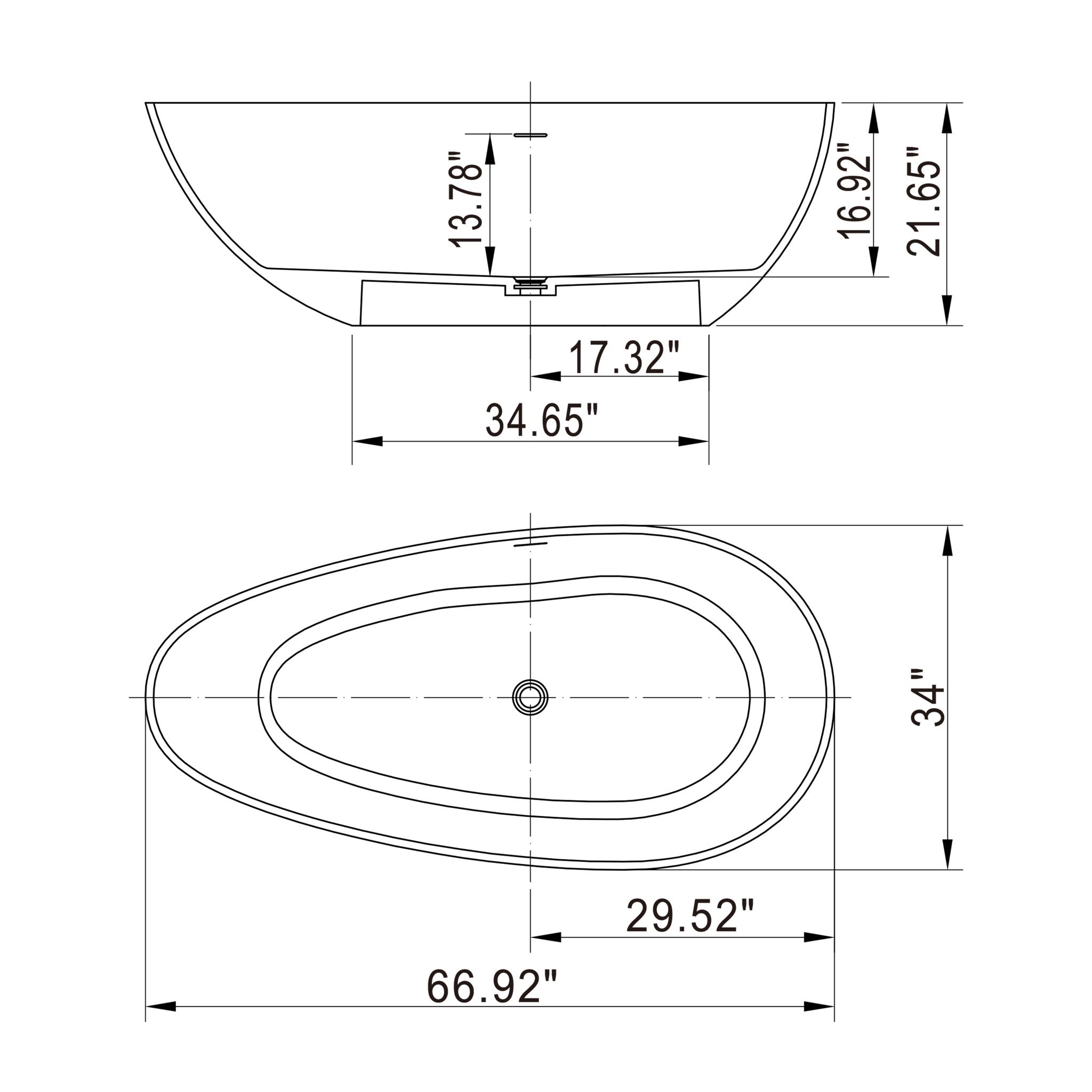 66.9" x 34" x 21.7" Freestanding Solid Surface Soaking Bathtub For Bathroom - Matte White by HouseOfZazla