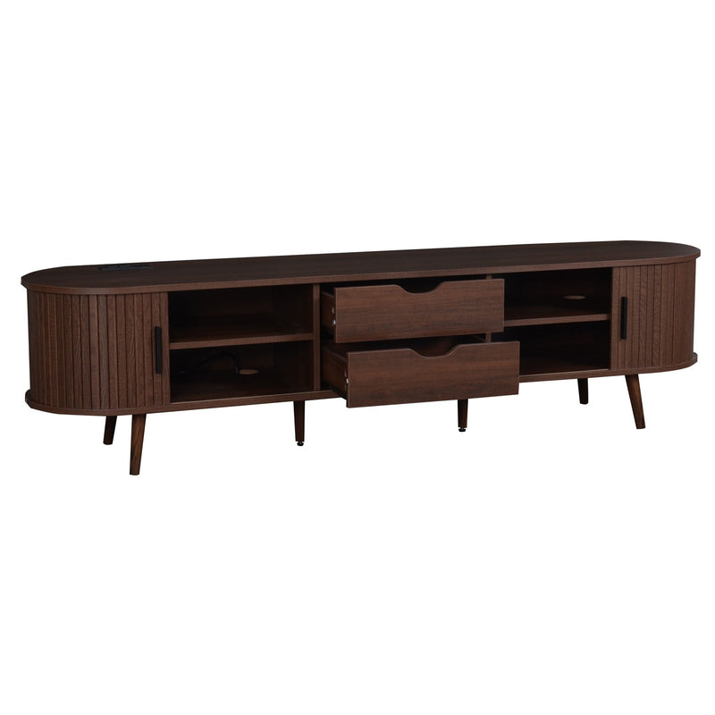 Mid-Century Modern TV Stand with Tambour Doors & Power Outlet - Natural Wood