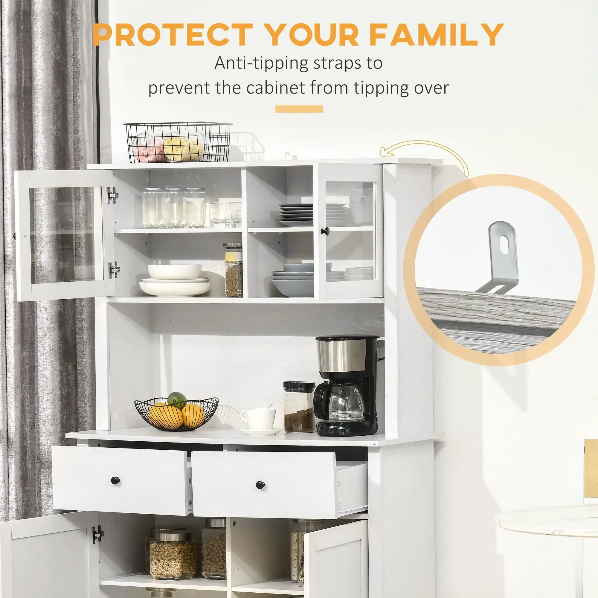 Homcom - 63.5" Kitchen Buffet With Hutch, Pantry Storage Cabinet With 4 Shelves, Drawers, Framed Glass Doors, Open Microwave Countertop - Antique White by HouseOfZazla