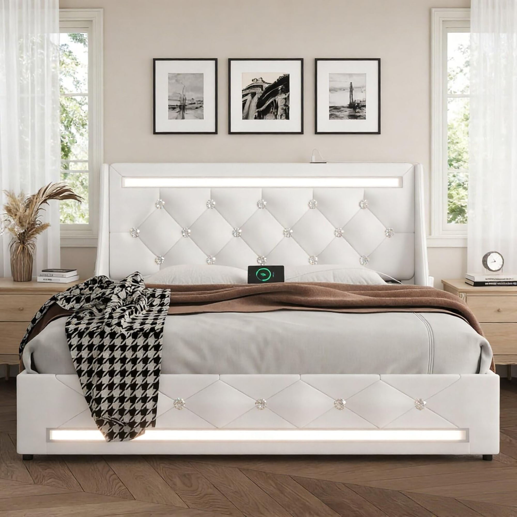 Wingback Upholstered Bed Frame With LED Lights, Charging Station by HouseOfZazla
