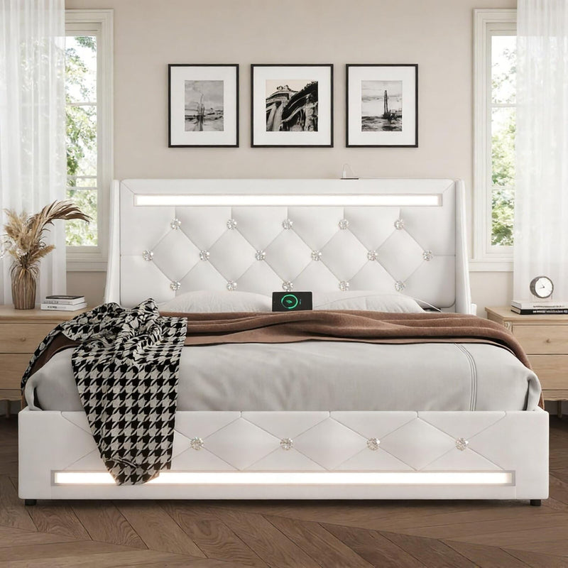 Wingback Upholstered Bed Frame With LED Lights, Charging Station by HouseOfZazla
