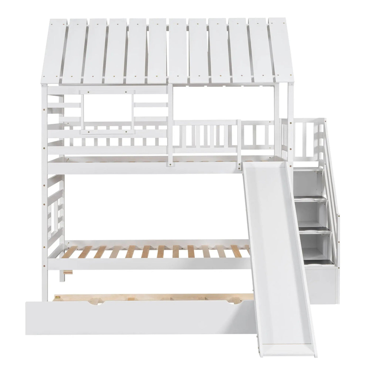 House Bunk Bed With Trundle, Storage Staircase, Roof And Window Design by HouseOfZazla