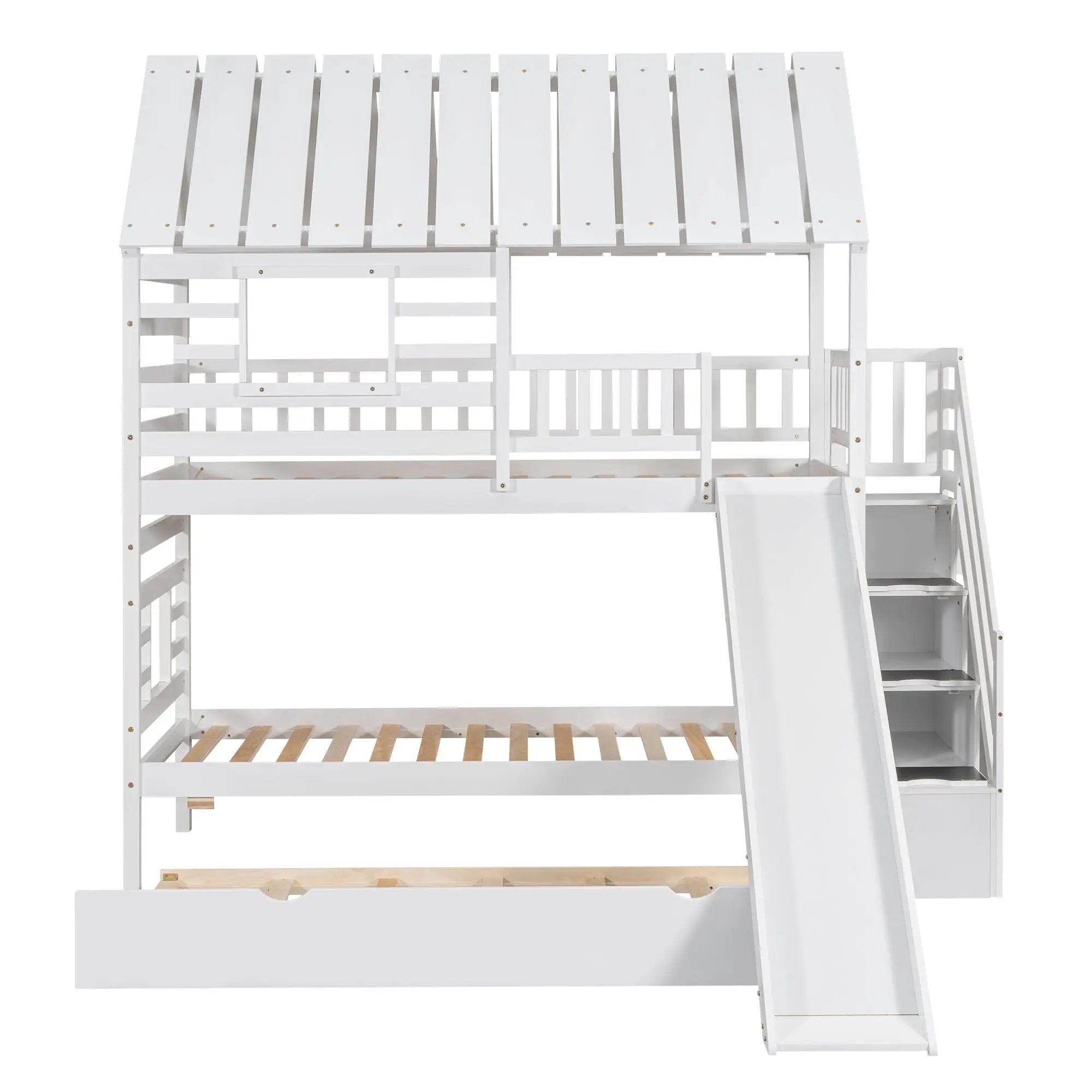 House Bunk Bed With Trundle, Storage Staircase, Roof And Window Design by HouseOfZazla