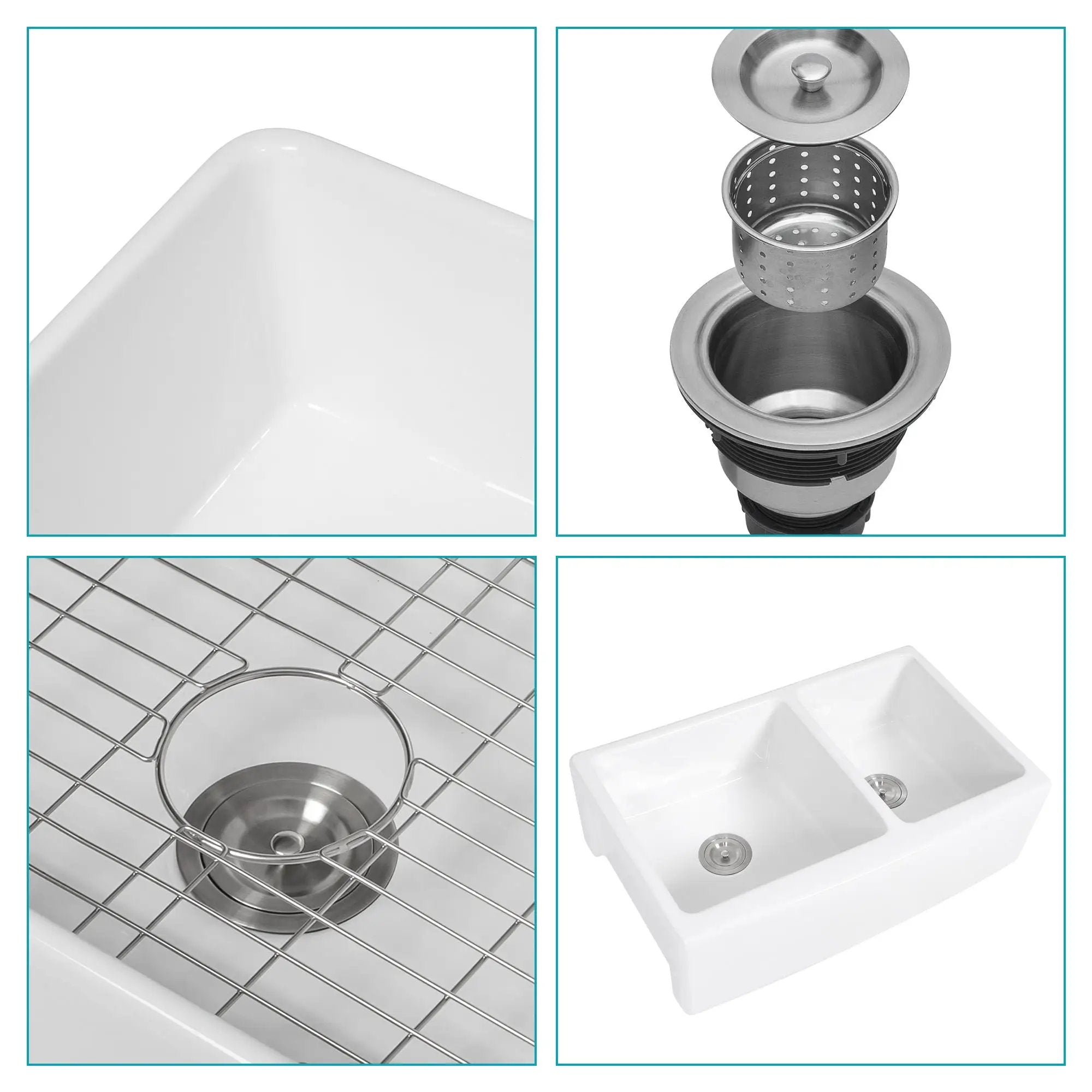 Sink 33" Double Bowl 60 / 40 Kitchen Sink With Deep Basin And Grids - White