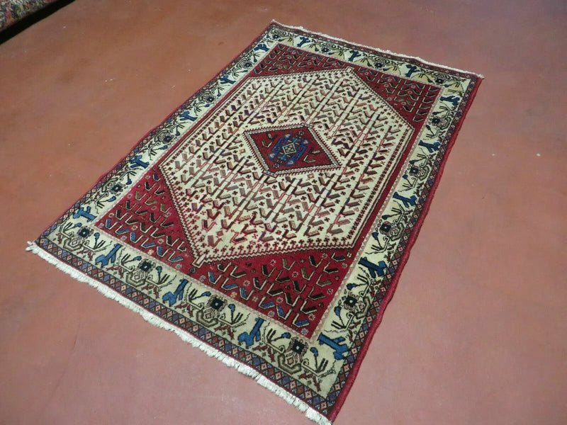3' X 5' Vintage Handmade India Geometric Oriental Wool Rug Nice Birds Ivory Red by Jewel Rugs