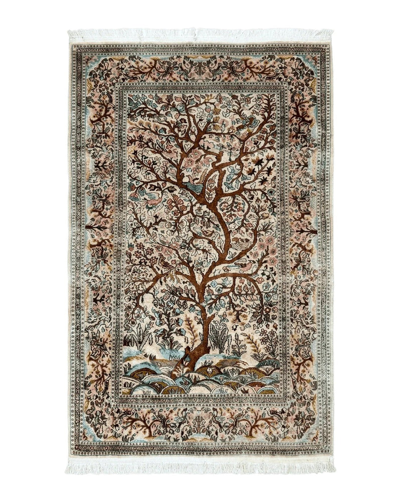 Indian Kashmiri Silk Rug 4x7, Tree of Life Design, Very Fine 380 KPSI, Birds by Jewel Rugs