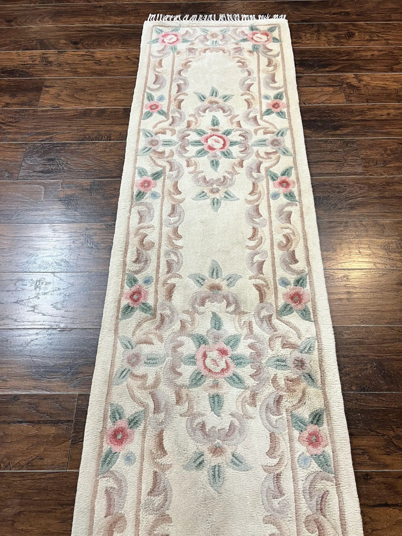 Chinese Aubusson Runner Rug 2.4 x 11, Hand Tufted Beige Floral European Design Hallway Rug, Elegant Rug, Vintage Wool Rug 11ft Long by Jewel Rugs