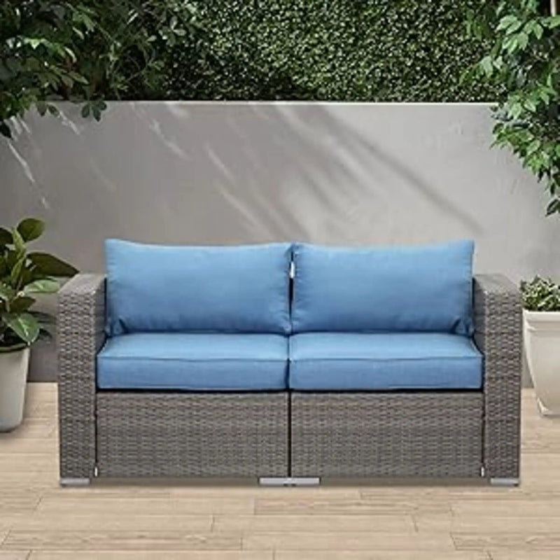 2 Piece Patio Loveseat Set With Thick Cushions, Outdoor Sectional Sofa For Balcony - Blue / Brown by HouseOfZazla