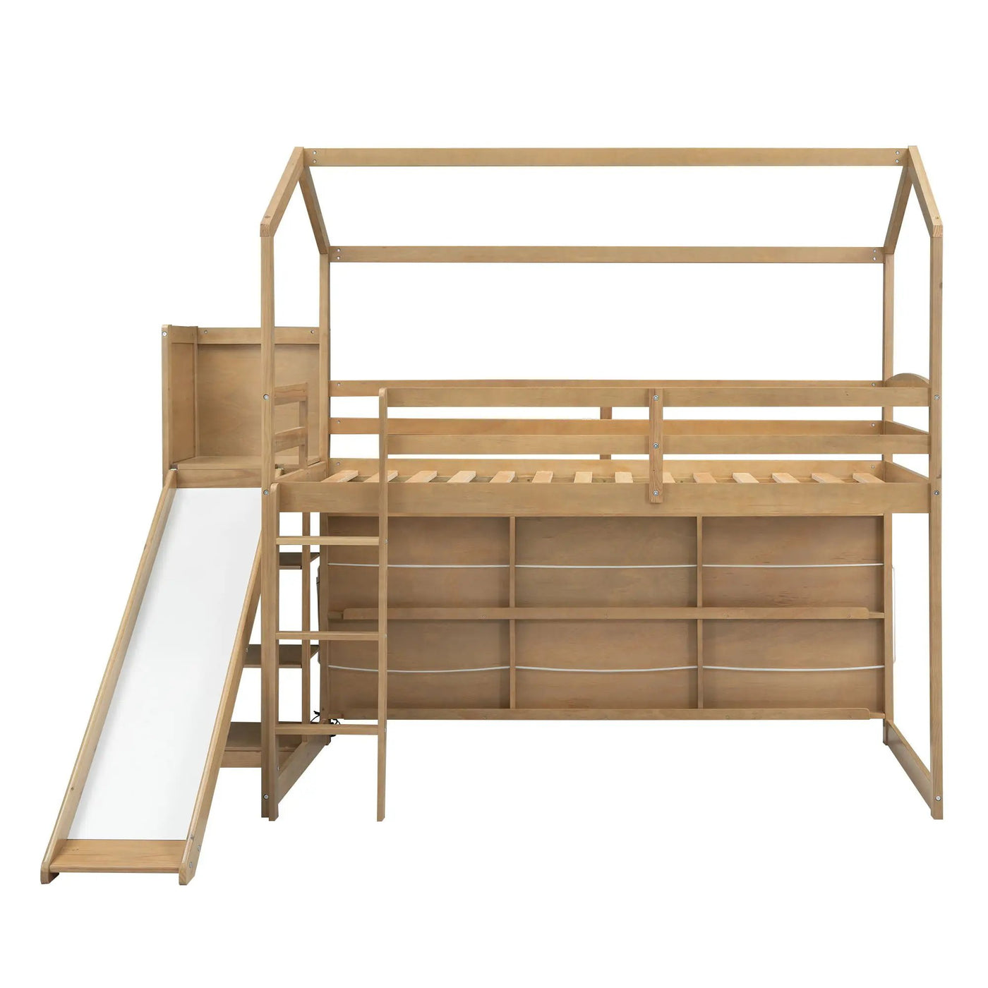 House Loft Bed With Slide, Storage Shelves And Light, Climbing Ramp by HouseOfZazla