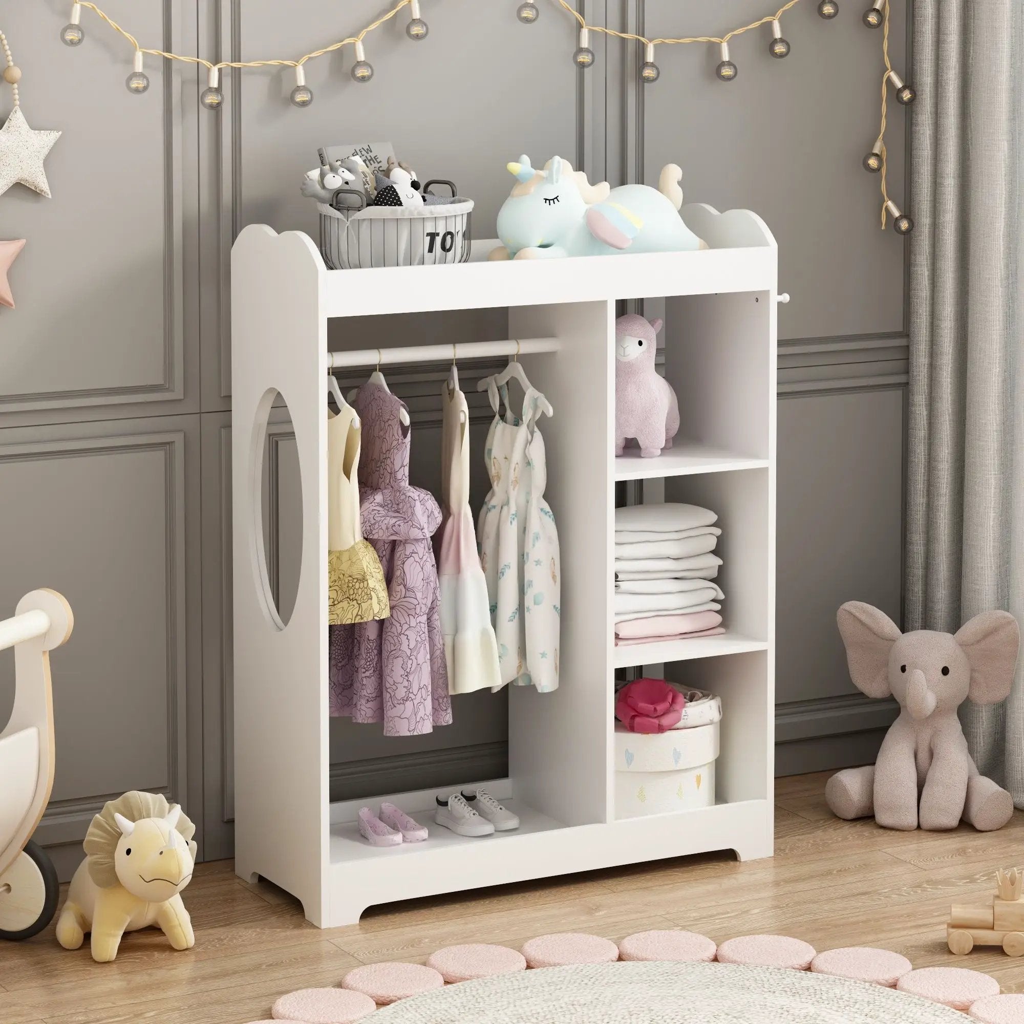 Dress Up Storage With Mirror and Hooks, Clothes Rack With Hanging Rod by HouseOfZazla