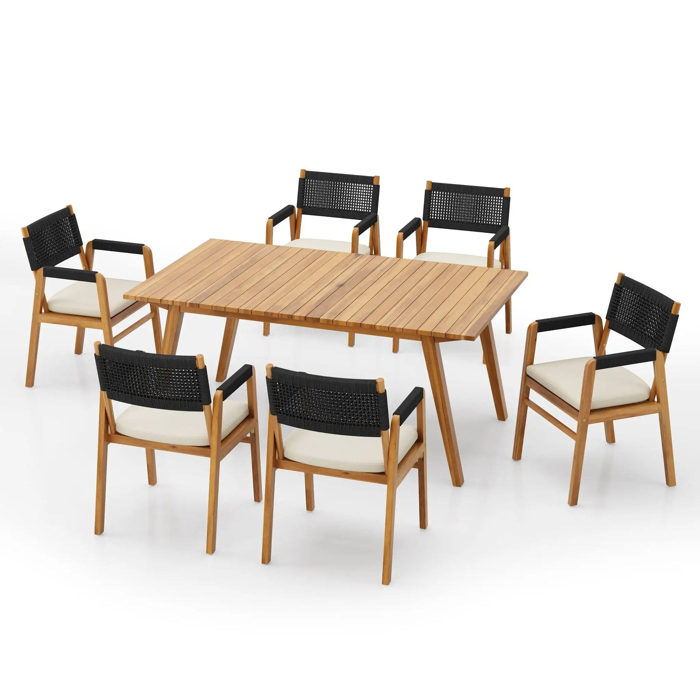 Outdoor 7 Pieces Patio Slat Design Acacia Upholstered Dining Set by HouseOfZazla