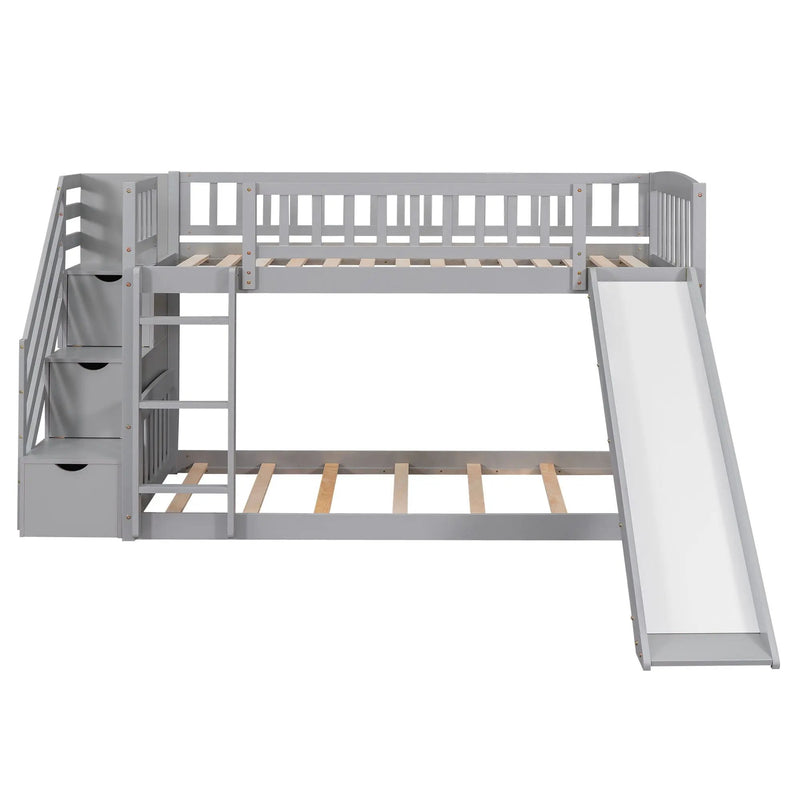 Twin Over Twin Bunk Stairway Bed With 2 Drawers And Slide - Gray by Unique Piece Furniture