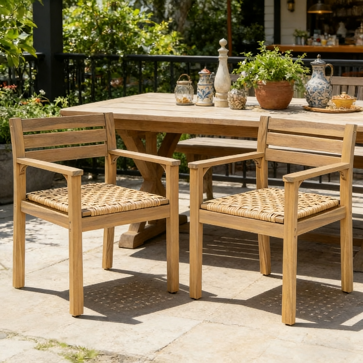 Acacia Wood Outdoor Dining Chairs with Woven Seats - Set of 2