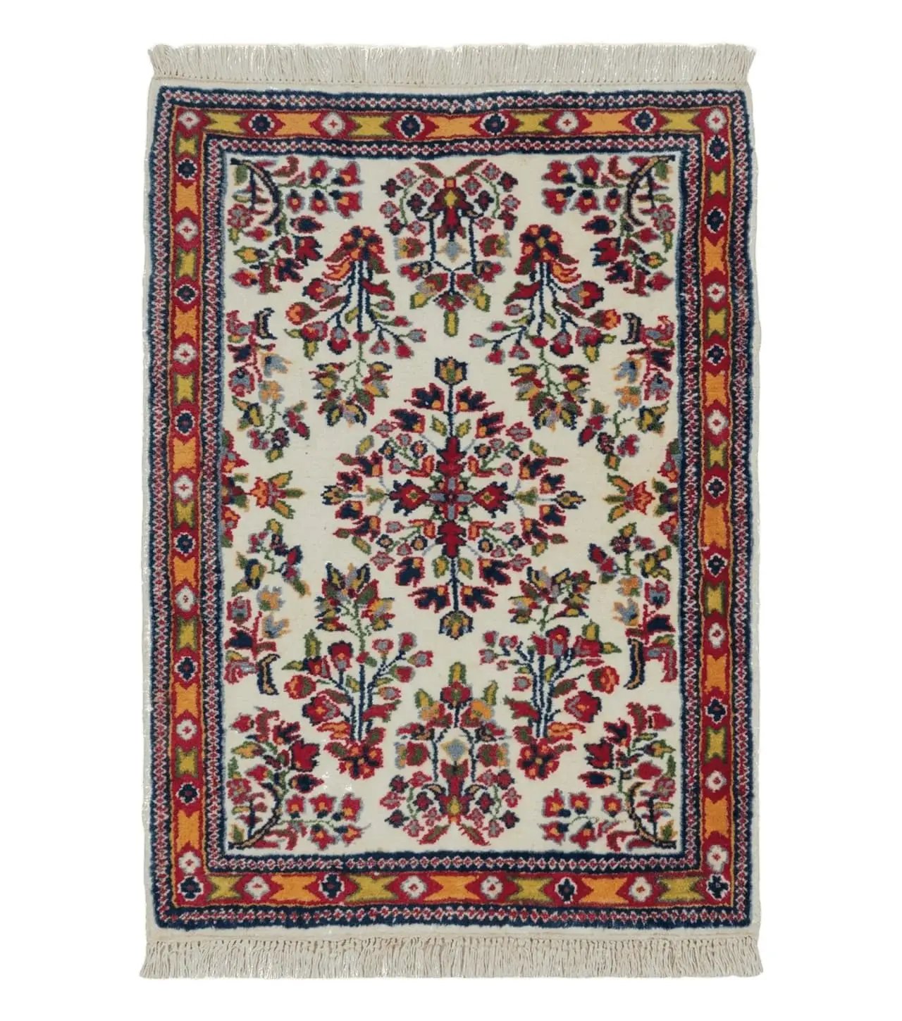 Small Persian Rug 2 x 3, Tiny Persian Sarouk Carpet, Cream Navy Blue Red, Floral Medallion, Vintage Wool Rug, Handmade Hand-Knotted Oriental Rug by Jewel Rugs