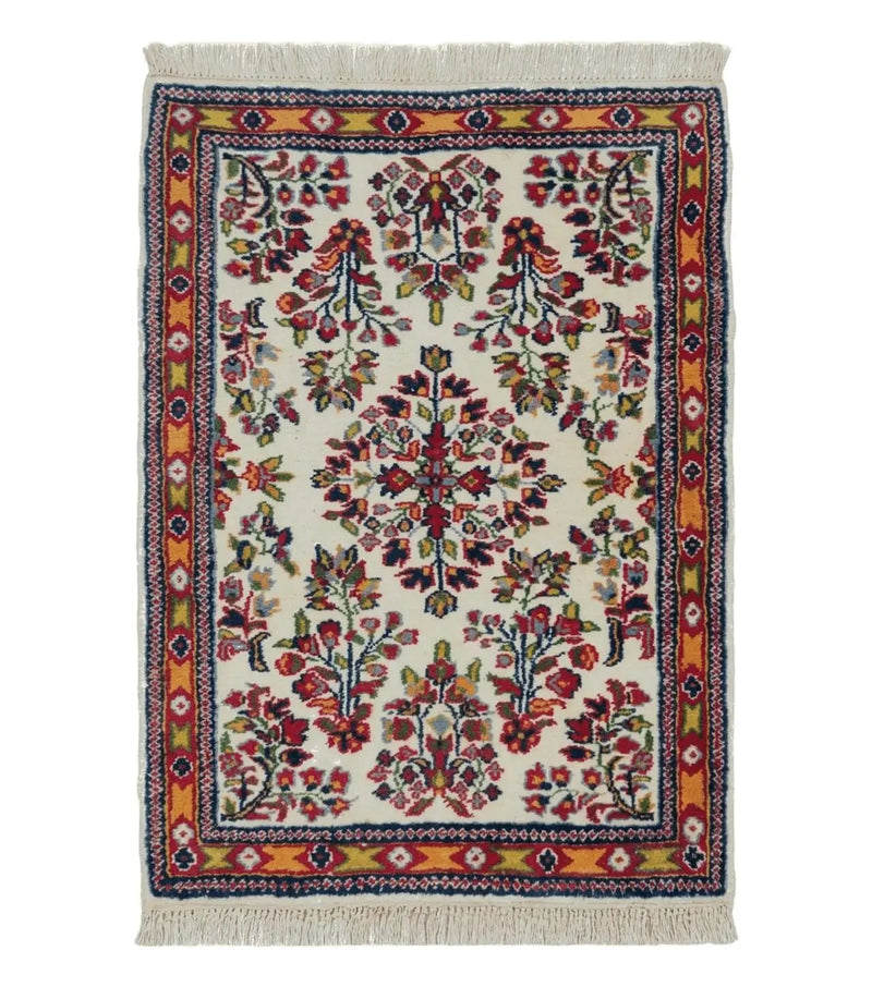 Small Persian Rug 2 x 3, Tiny Persian Sarouk Carpet, Cream Navy Blue Red, Floral Medallion, Vintage Wool Rug, Handmade Hand-Knotted Oriental Rug by Jewel Rugs