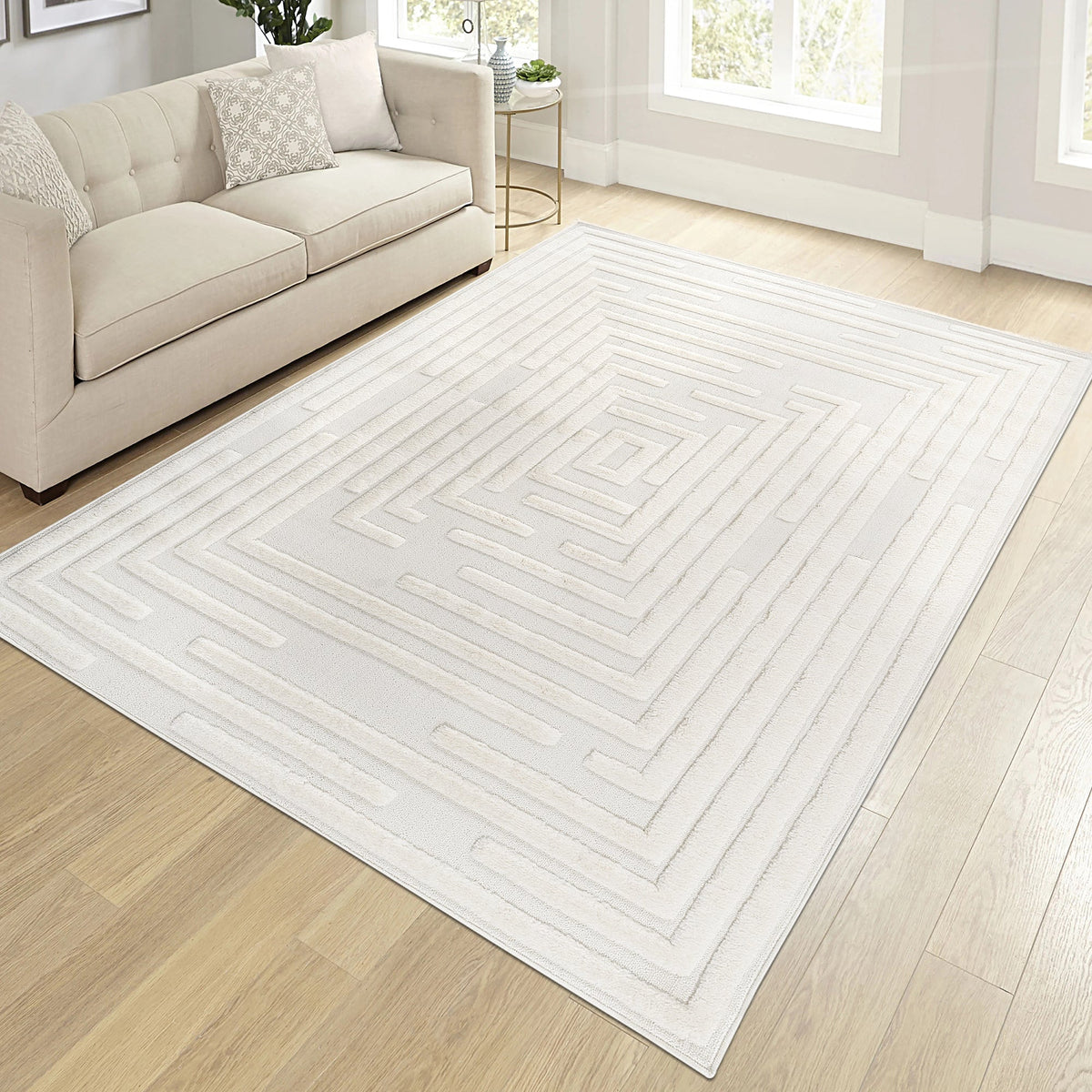 High-Low Striped Area Rug with Contemporary Geometric Design - Cream