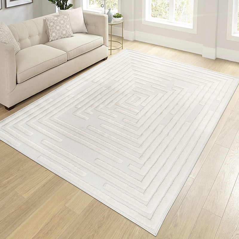 High-Low Striped Area Rug with Contemporary Geometric Design - Cream