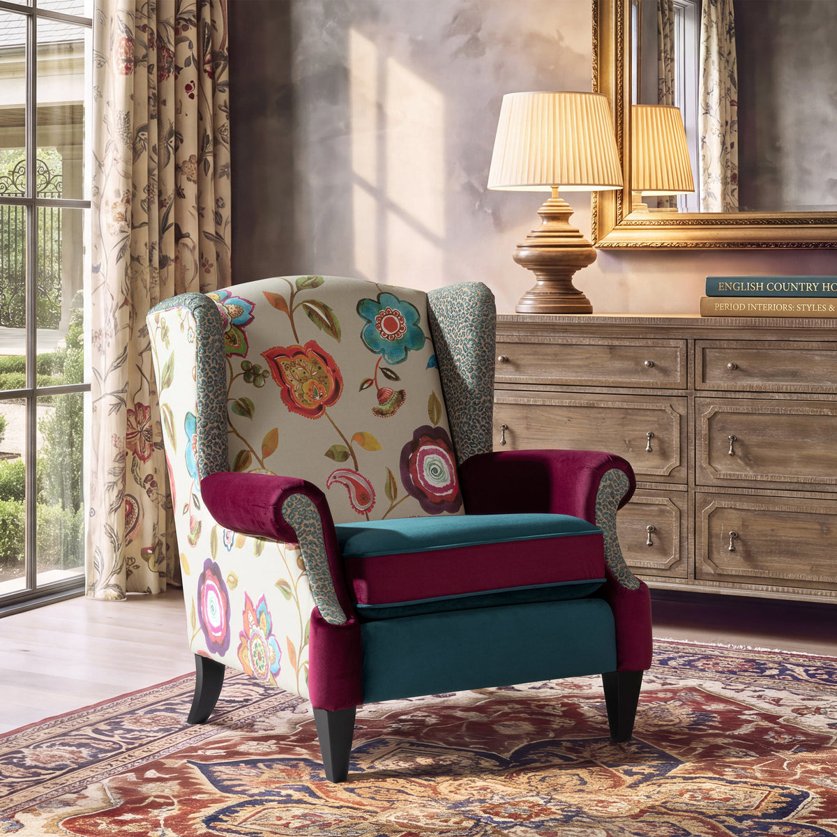 Anya Boho Chic Wingback Accent Arm Chair with Floral Print - Blue or Teal Multi, photo 4 of 10