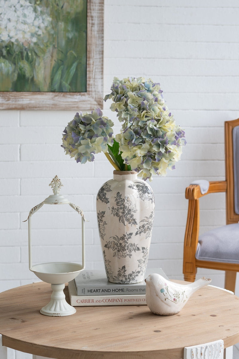8.1x8.1x13.6' White Ceramic Accent Vase with Gray Floral Design by HouseOfZazla