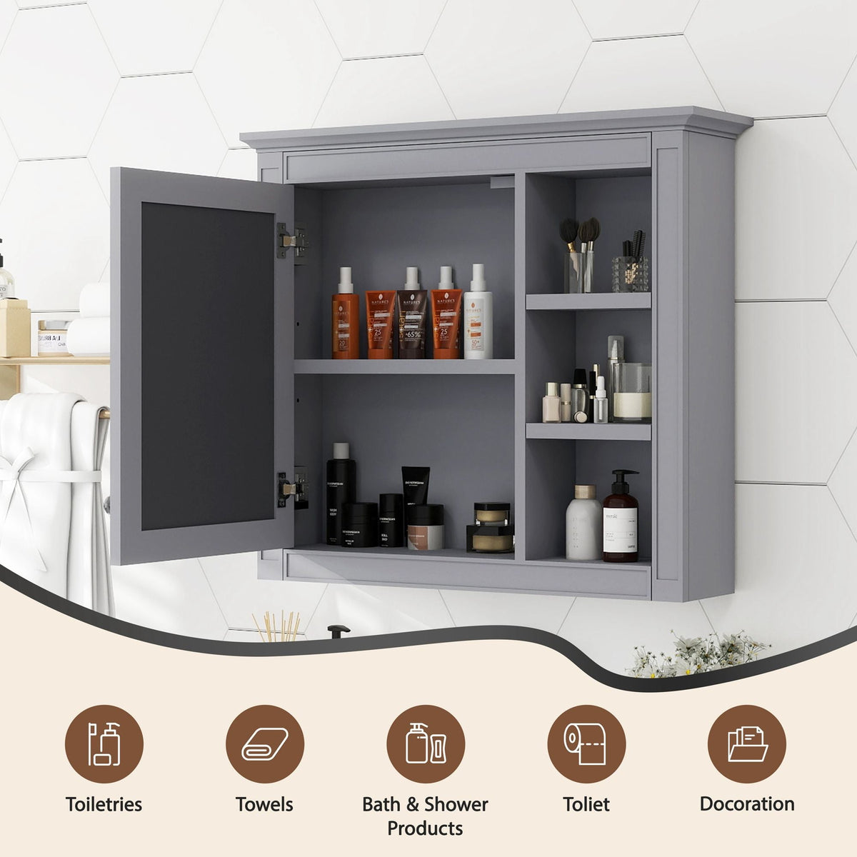 Wall Mounted Medicine Cabinet With Mirror And 3 Open Shelves, photo 25 of 28
