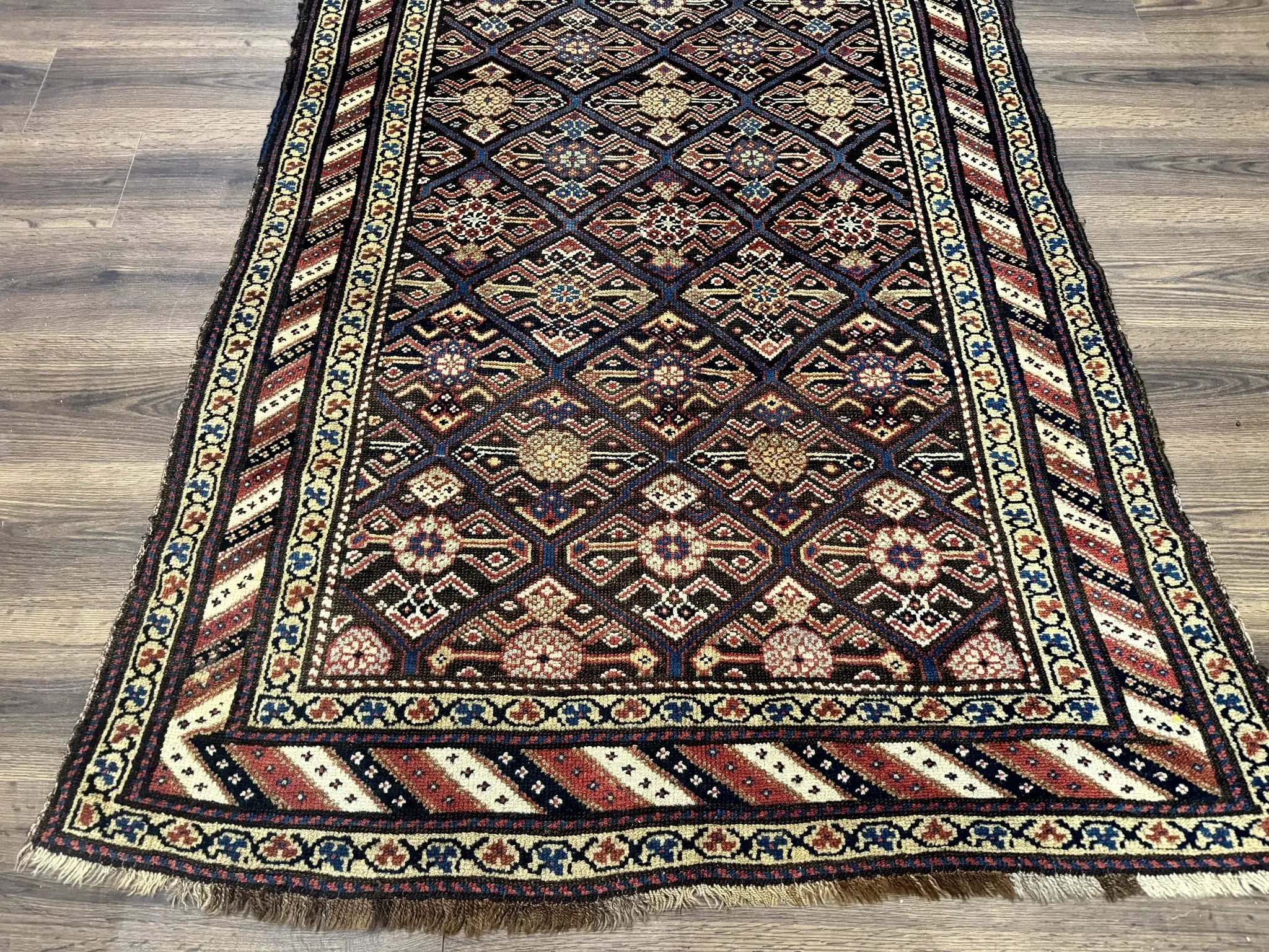 Antique Persian Wide Runner Rug 4x9, Kurdish Rug, Panel Design, Rainbow Border, Rare Tribal Rug by Jewel Rugs