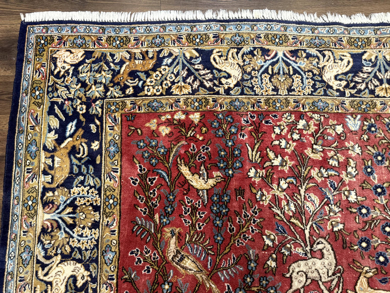 Persian Qum Rug 9x12, Animal Pictorials, Deer Birds, Tree of Life, Red and Navy Blue by Jewel Rugs