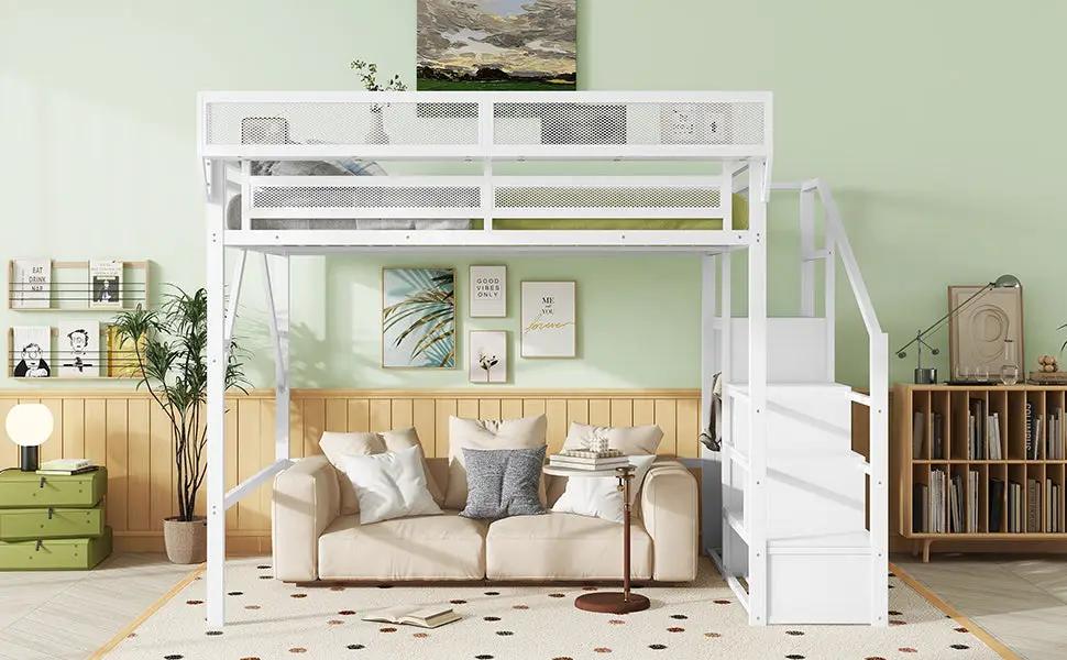 Queen Size Loft Bed with Stairs, Metal Queen Loft Bed with Storage Shelves by HouseOfZazla