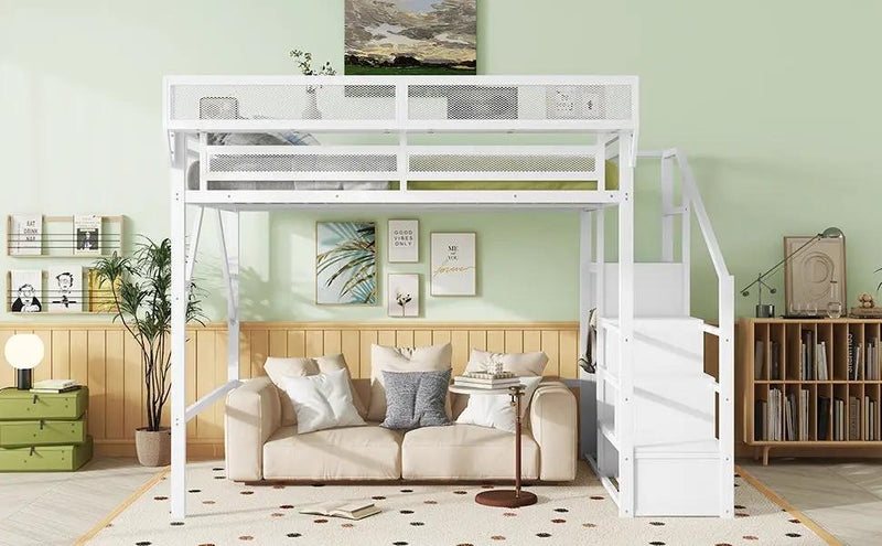 Queen Size Loft Bed with Stairs, Metal Queen Loft Bed with Storage Shelves by HouseOfZazla